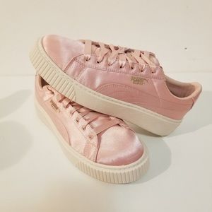 pink silk puma platform sneakers